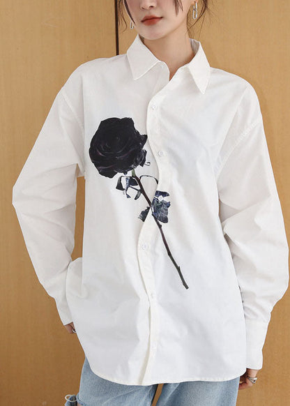 DIY White Peter Pan Collar Rose Print Cotton Shirt Tops Springs LY0755