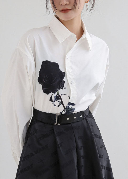 DIY White Peter Pan Collar Rose Print Cotton Shirt Tops Springs LY0755