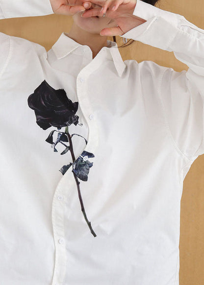 DIY White Peter Pan Collar Rose Print Cotton Shirt Tops Springs LY0755