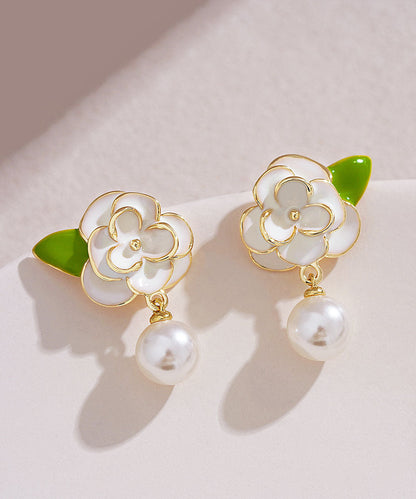 DIY White Sterling Silver Overgild Enamer Pearl Floral Drop Earrings TW1018