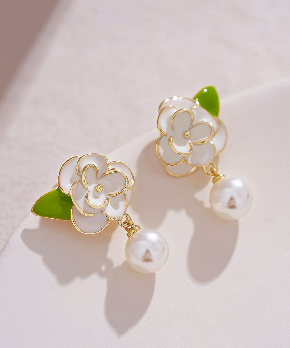 DIY White Sterling Silver Overgild Enamer Pearl Floral Drop Earrings TW1018