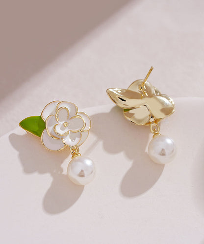 DIY White Sterling Silver Overgild Enamer Pearl Floral Drop Earrings TW1018