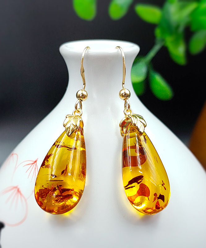 DIY Yellow 14K Gold Amber Water Drop Drop Earrings TW1038