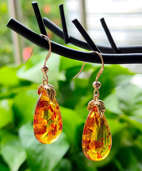 DIY Yellow 14K Gold Amber Water Drop Drop Earrings TW1038