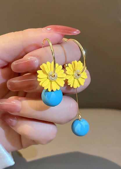 DIY Yellow Daisy Asymmetrical Design Metal Drop Earrings HE1012