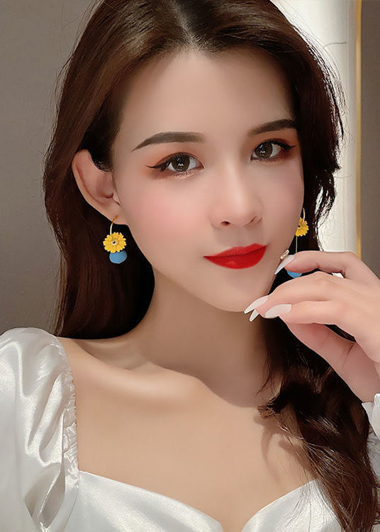 DIY Yellow Daisy Asymmetrical Design Metal Drop Earrings HE1012