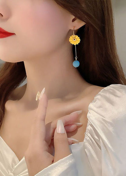 DIY Yellow Daisy Asymmetrical Design Metal Drop Earrings HE1012