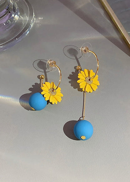 DIY Yellow Daisy Asymmetrical Design Metal Drop Earrings HE1012