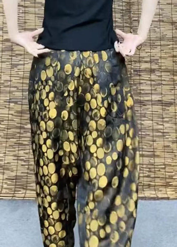 DIY Yellow Pockets Print Elastic Waist Harem Pants Summer TQ1001