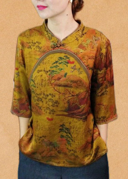 DIY Yellow Stand Collar Print Patchwork Silk Shirt Top Spring LC0263