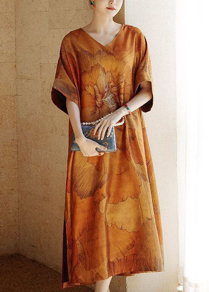 Robe d'été en soie patchwork jaune à col V imprimé et ouverture latérale TI1055