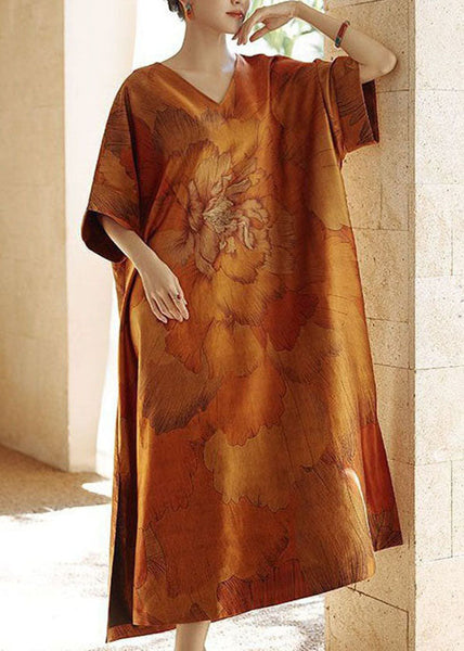 Robe d'été en soie patchwork jaune à col V imprimé et ouverture latérale TI1055