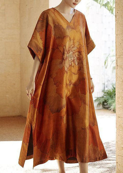 Robe d'été en soie patchwork jaune à col V imprimé et ouverture latérale TI1055