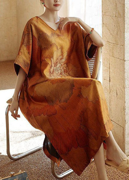 Robe d'été en soie patchwork jaune à col V imprimé et ouverture latérale TI1055