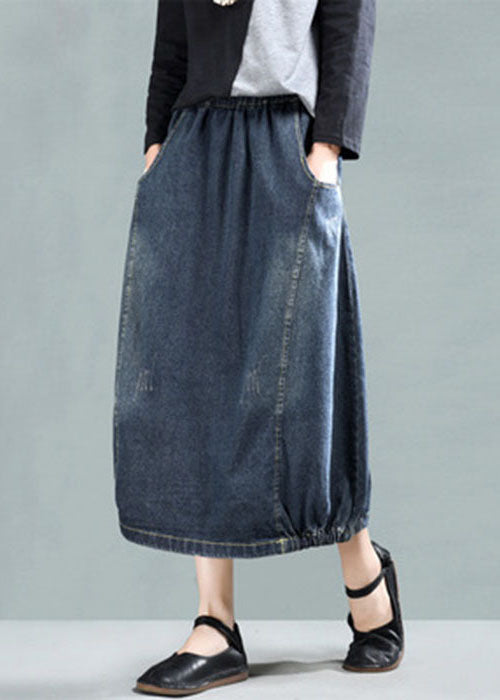 Dark Blue Patchwork Denim A Line Skirt Wrinkled Spring TG1042
