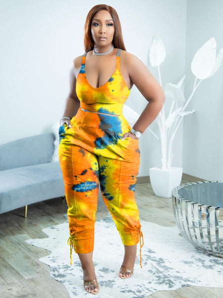 Plus Size Cami Tie Dye Side Tie Pants Set AR5059