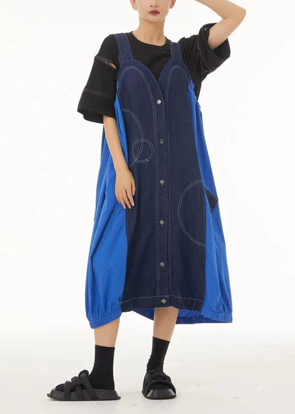 Robe d'été oversize à bretelles en coton patchwork bleu denim LC0150