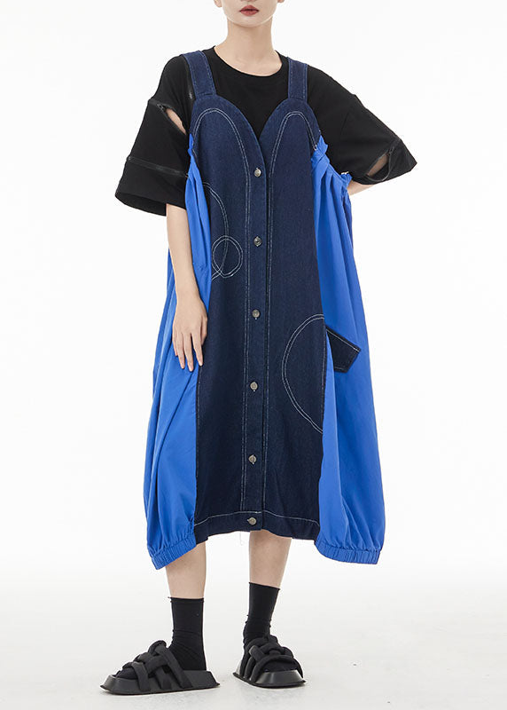 Denim Blue Patchwork Cotton Strap Dress Oversized Summer LC0150