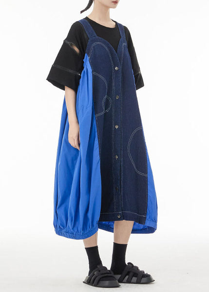 Robe d'été oversize à bretelles en coton patchwork bleu denim LC0150