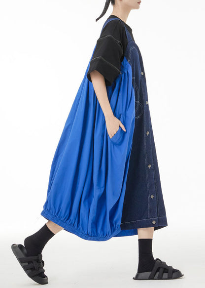 Denim Blue Patchwork Cotton Strap Dress Oversized Summer LC0150