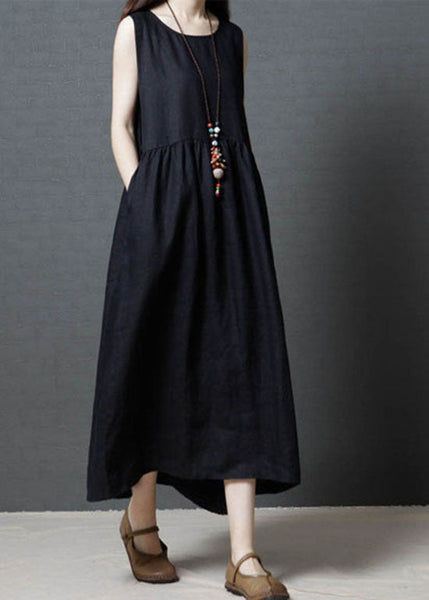 Diy Black O Neck Wrinkled Patchwork Cotton Dress Sleeveless LC0439