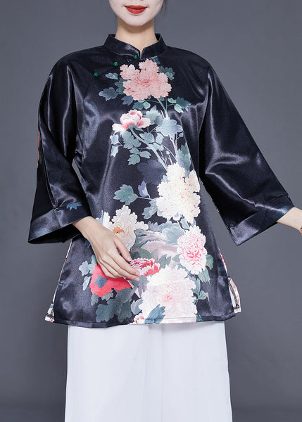 Diy Black Stand Collar Print Side Open Silk Shirt Bracelet Sleeve LY1857