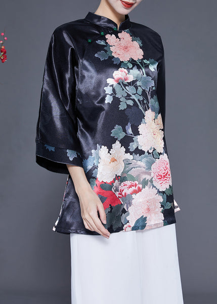 Diy Black Stand Collar Print Side Open Silk Shirt Bracelet Sleeve LY1857