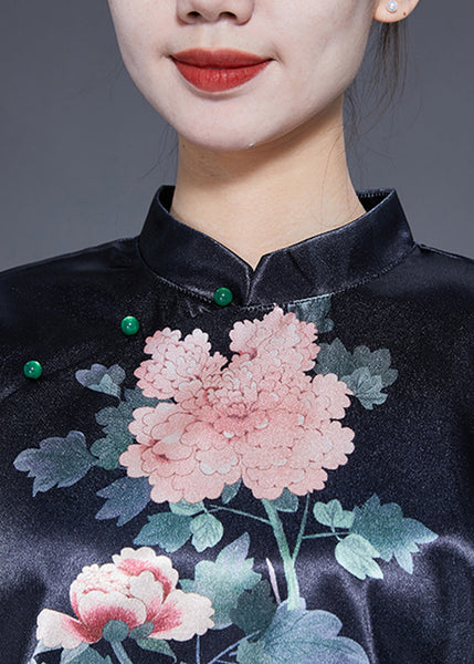 Diy Black Stand Collar Print Side Open Silk Shirt Bracelet Sleeve LY1857