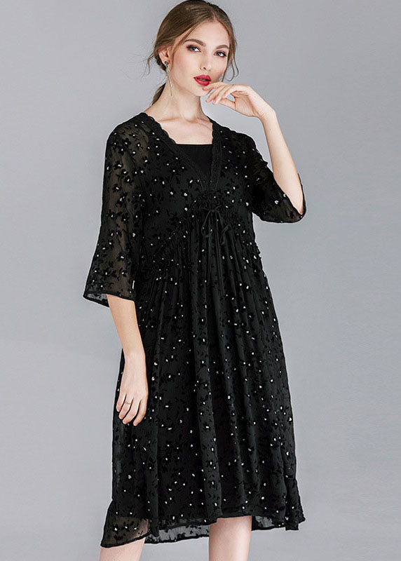 Diy Black V Neck Patchwork Chiffon Dresses Two Pieces Set Spring LY0006