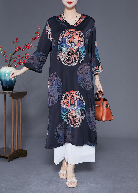 Diy Black V Neck Print Side Open Silk Dresses Bracelet Sleeve LY1828