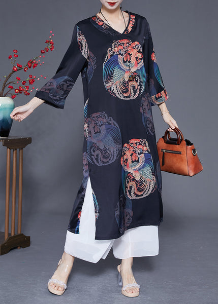 Diy Black V Neck Print Side Open Silk Dresses Bracelet Sleeve LY1828