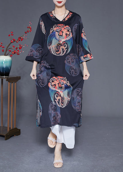 Diy Black V Neck Print Side Open Silk Dresses Bracelet Sleeve LY1828