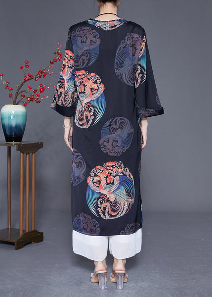 Diy Black V Neck Print Side Open Silk Dresses Bracelet Sleeve LY1828