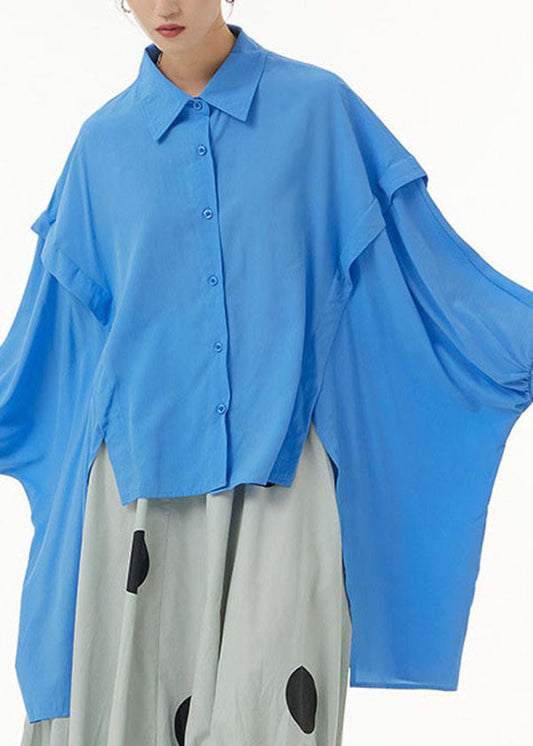Diy Blue Asymmetrical Patchwork Cotton Shirts Batwing Sleeve LY1173