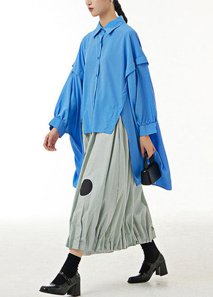 Chemises en coton bleu patchwork asymétriques à manches chauve-souris (à faire soi-même) LY1173