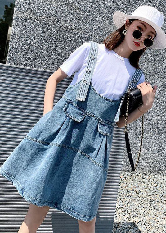Diy Blue Oversized Patchwork Denim Strap Dress Two Piece Set Women Clothing Summer AC2014