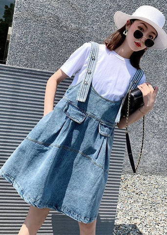 Diy Blue Oversized Patchwork Denim Strap Dress Two Piece Set Women Clothing Summer AC2014