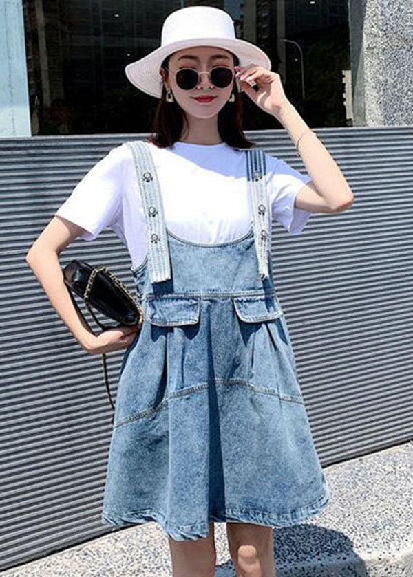 Diy Blue Oversized Patchwork Denim Strap Dress Two Piece Set Women Clothing Summer AC2014