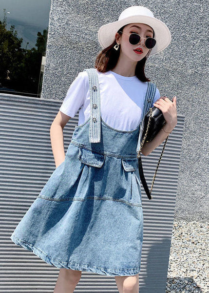 Diy Blue Oversized Patchwork Denim Strap Dress Two Piece Set Women Clothing Summer AC2014