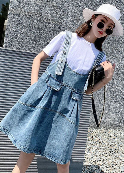 Diy Blue Oversized Patchwork Denim Strap Dress Two Piece Set Women Clothing Summer AC2014