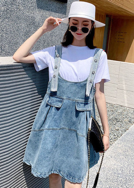 Diy Blue Oversized Patchwork Denim Strap Dress Two Piece Set Women Clothing Summer AC2014