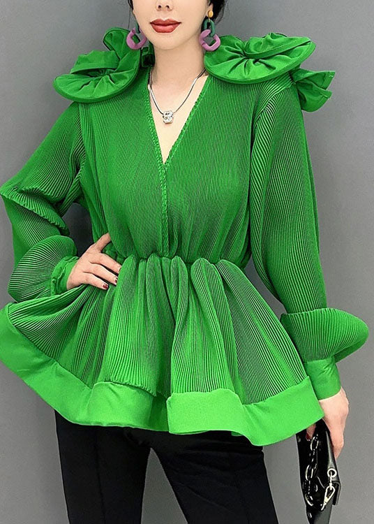 Diy Green V Neck Ruffled Patchwork Chiffon Shirt Tops Spring LC0344