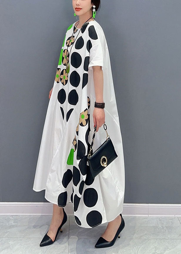 Diy White Oversized Patchwork Dot Print Cotton Party Dress Short Sleeve LY0577