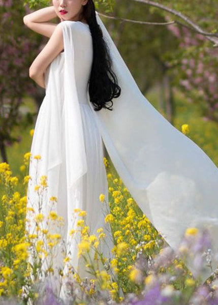 Diy White V Neck Wrinkled Patchwork Chiffon Dresses Summer LY1693