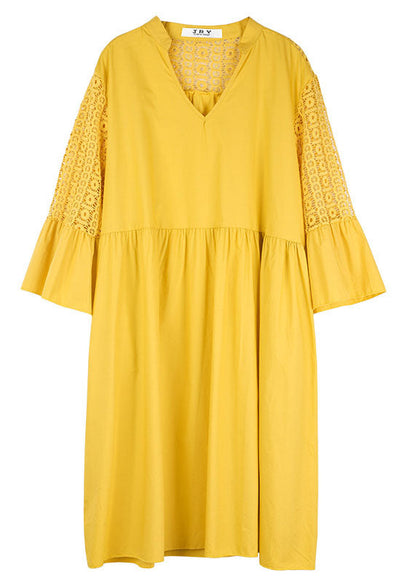 Diy Yellow V Neck Hollow Out Lace Patchwork Cotton Dresses Summer LY0015