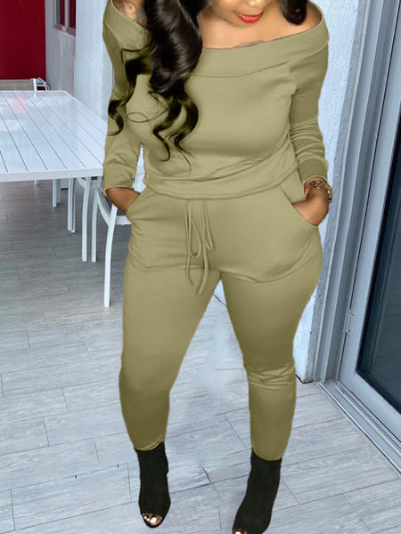 Drawstring Pocket Design Solid Color Skinny Two-piece Pants Set AT9031