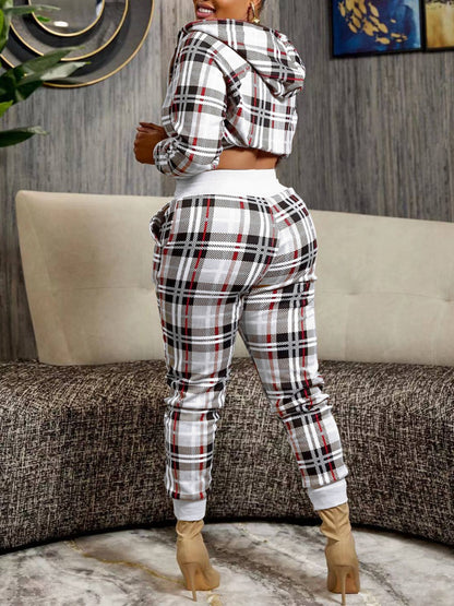 Plus Size Crop Top Plaid Print Drawstring Pants Set AT9068