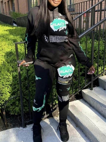 Plus Size Letter Print Kangaroo Pocket Tracksuit Set BO3011