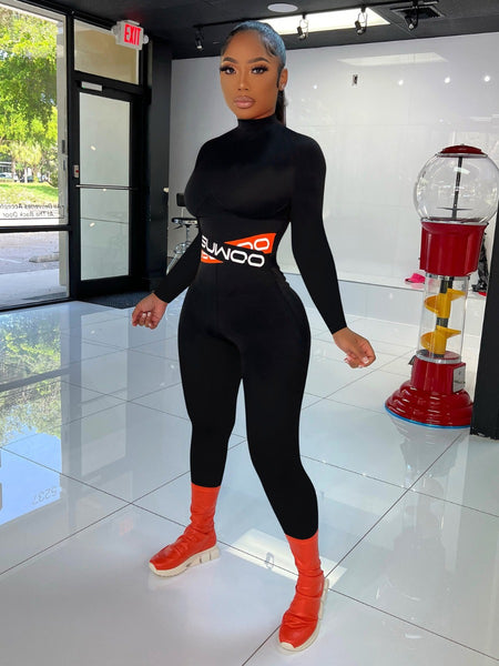 Turtleneck Letter Print Skinny Jumpsuit AR5075