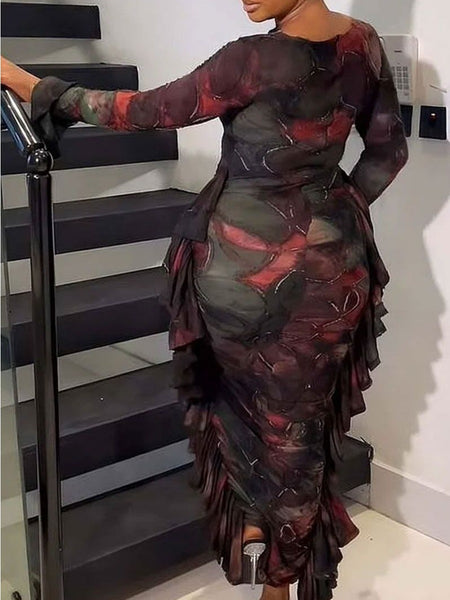 Plus Size Mixed Print Flounce Design Cut Out Bodycon Dress AR8037